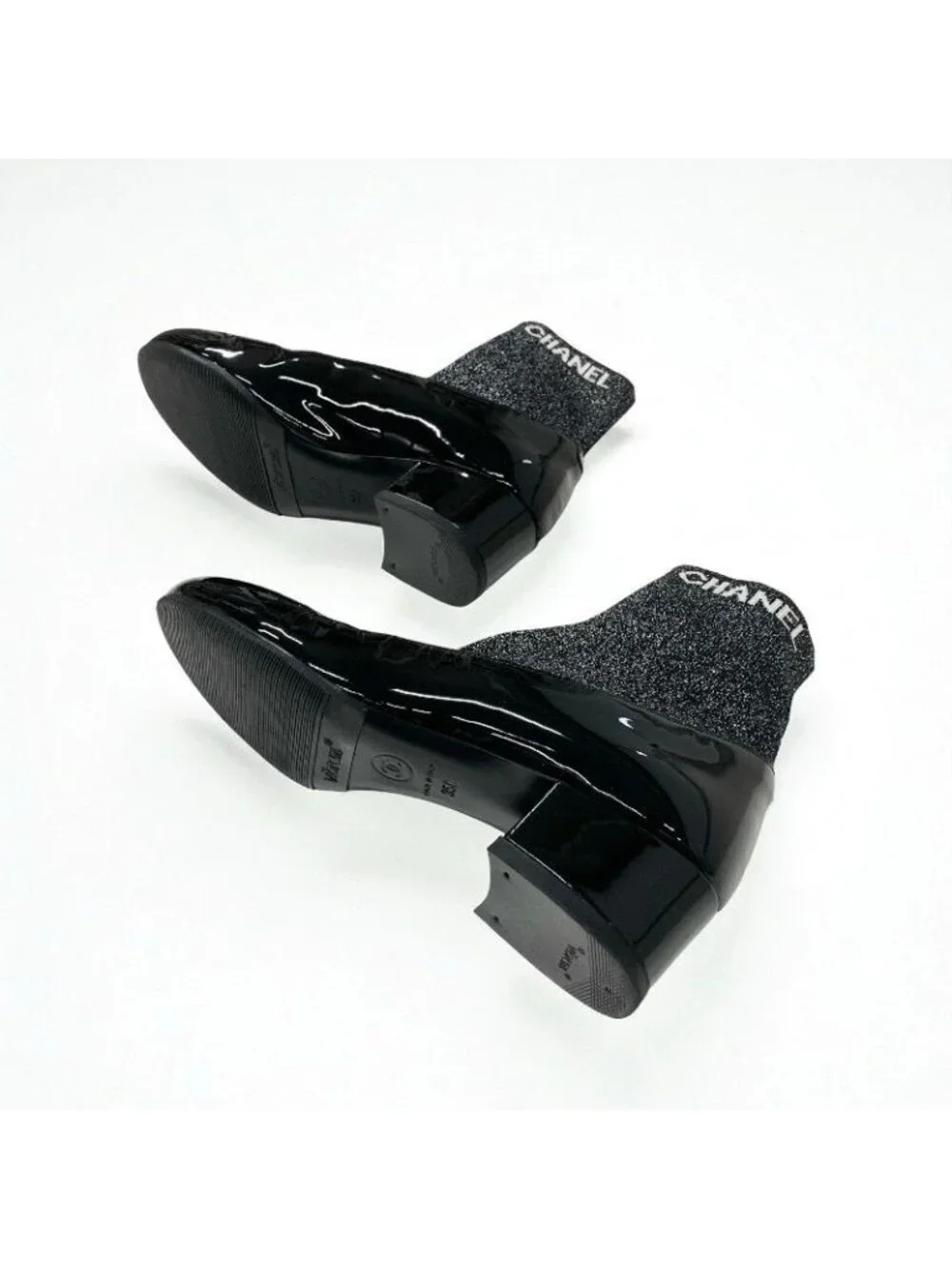 Chanel Boots Short Shoes Patent Fabric Black Silver Coco Mark Lame Sock - Picture 6 of 10